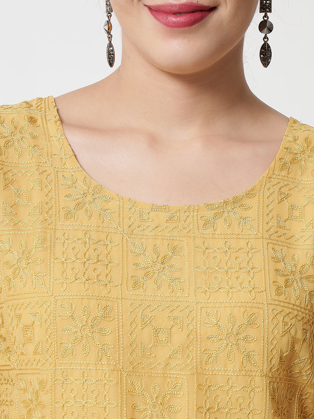 Women Yellow Ethnic Motifs Embroidered Straight Kurta