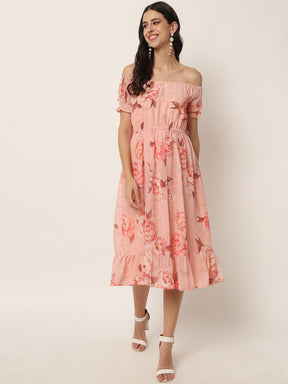Women Peach-Coloured Floral Off-Shoulder Georgette Midi Dress
