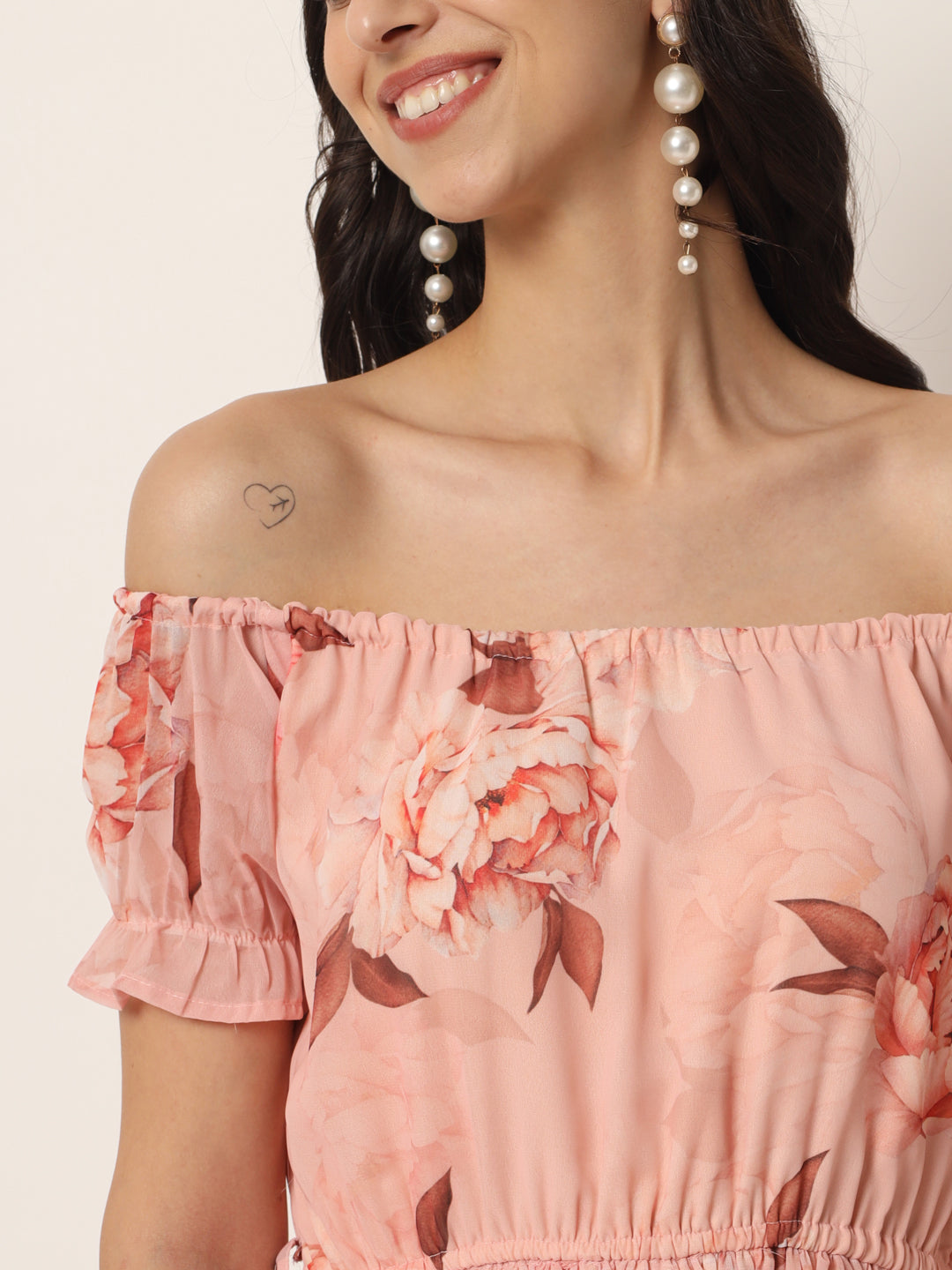 Women Peach-Coloured Floral Off-Shoulder Georgette Midi Dress