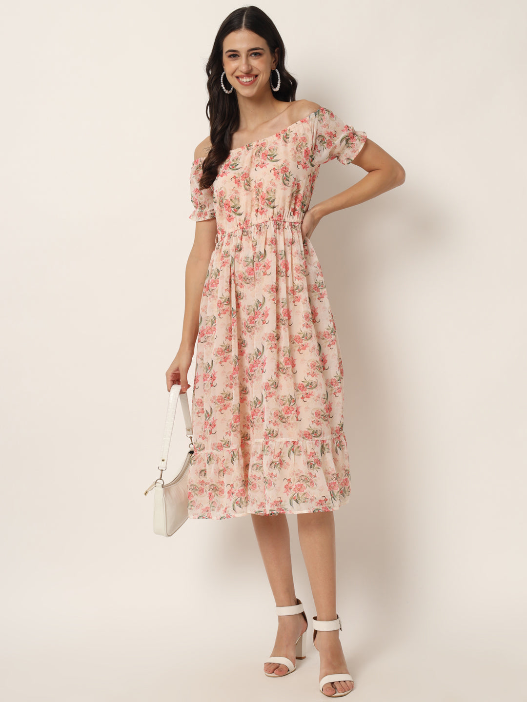 Off Women White & Pink Floral Off-Shoulder Georgette Midi Dress