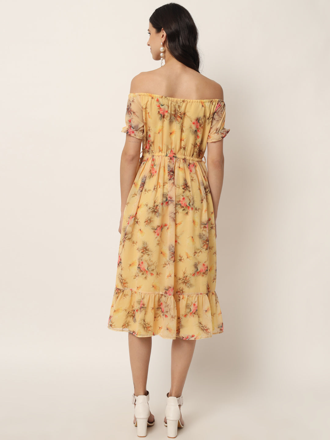 Women Yellow Floral Off-Shoulder Georgette Midi Dress