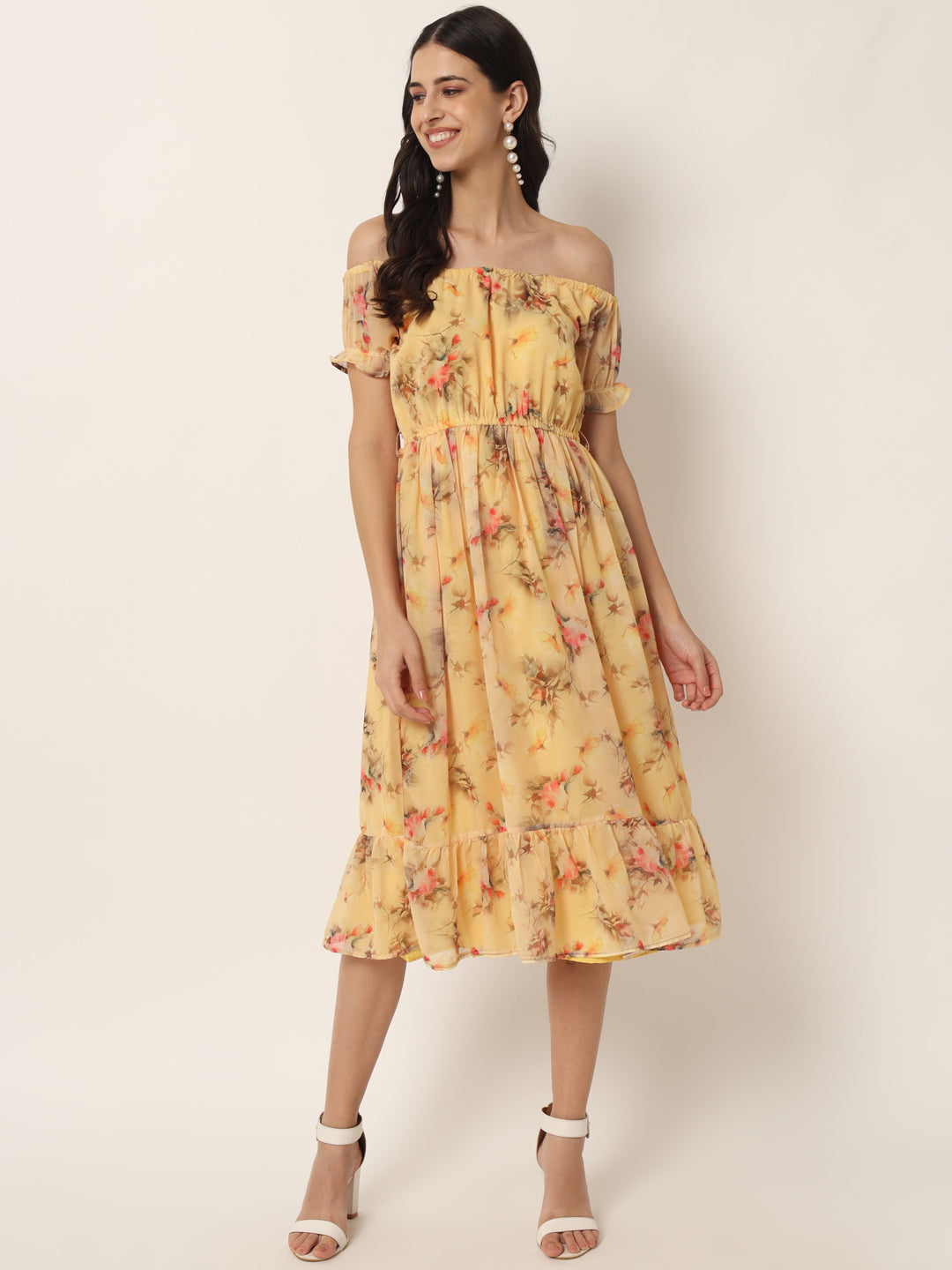 Women Yellow Floral Off-Shoulder Georgette Midi Dress