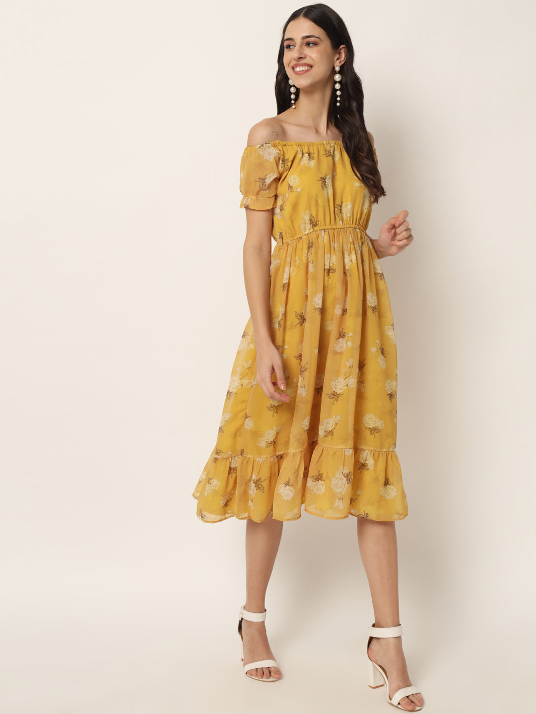 Mustard Yellow Floral Off-Shoulder Georgette Midi Dress