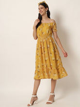 Mustard Yellow Floral Off-Shoulder Georgette Midi Dress