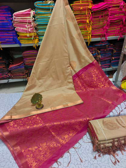 Kanjivaram Tissue Border Soft Silk Sarees (Light Brown and Maroon)