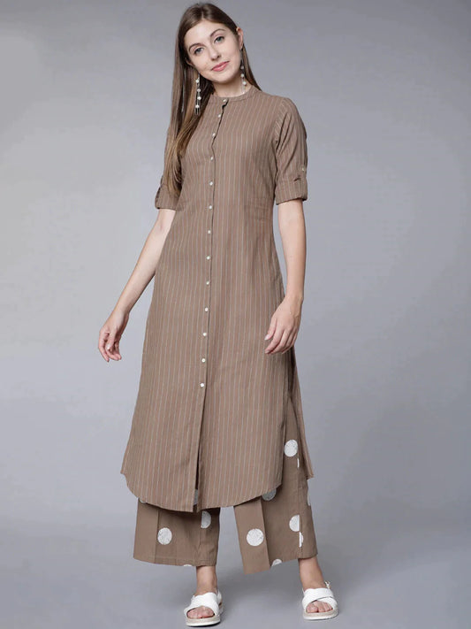 Woman Brown Striped Kurta with Palazzos