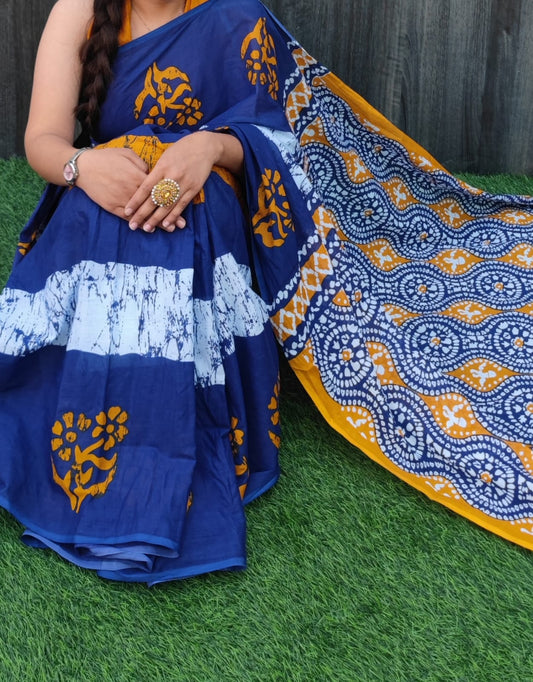 Hand Block Saree Bule White Yellow Combination