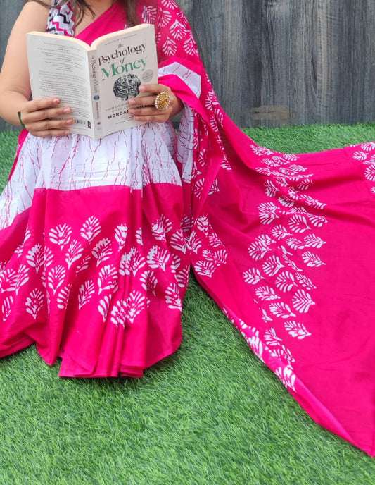 Hand Block Saree Pink Floral White