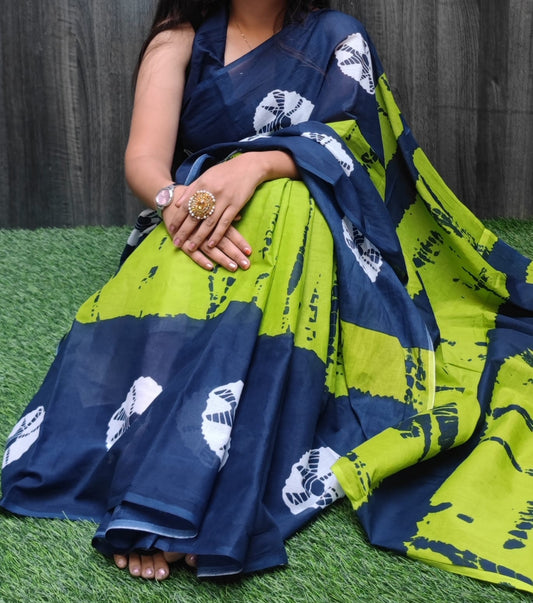 Hand Block Saree Combination Green Blue