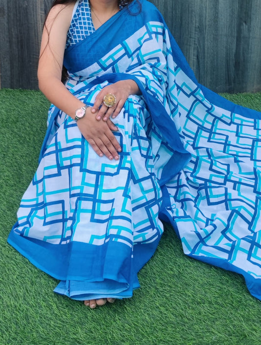 Hand Block Saree Blue White Combination