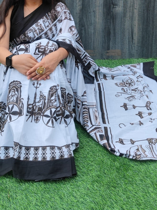 Hand Block Saree Brown White Bail Gadi Design