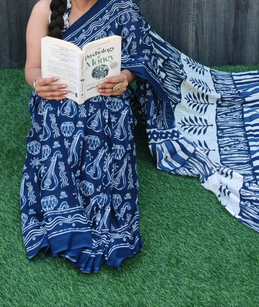 Hand Block Saree Blue white Floral Unique