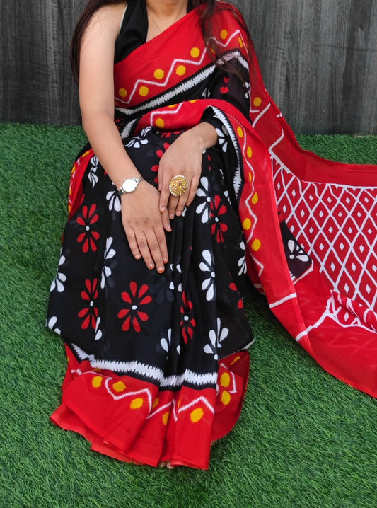Hand Block Saree Red and Black Whit Floral