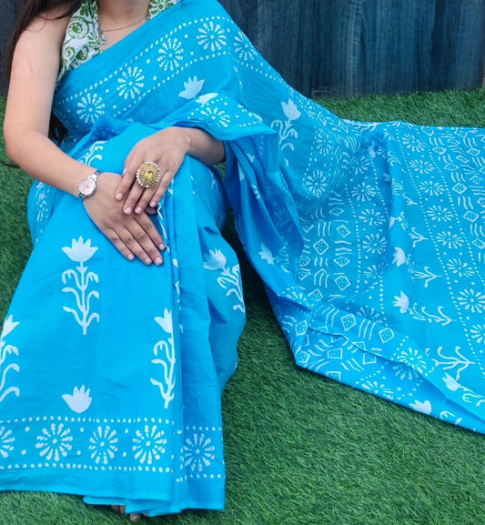 Hand Block Saree Blue