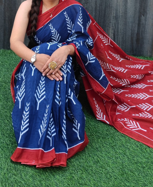Hand Block Saree Blue Rex Xristmas Tree
