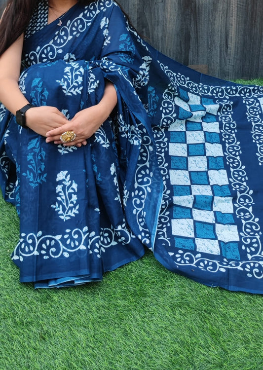 Hand Block Saree Blue White Floral and Box