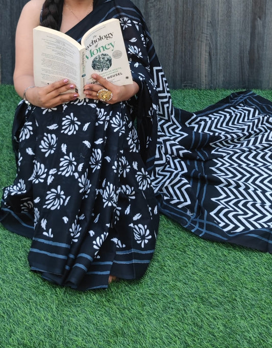Hand Block Saree Black with White Floral