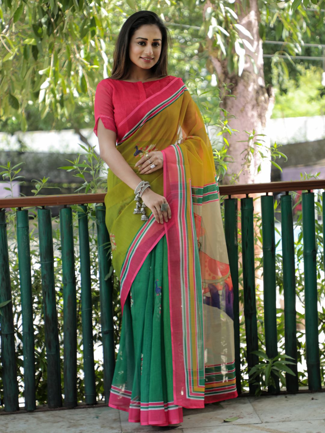 Green & pink designer cotton linen blend saree
