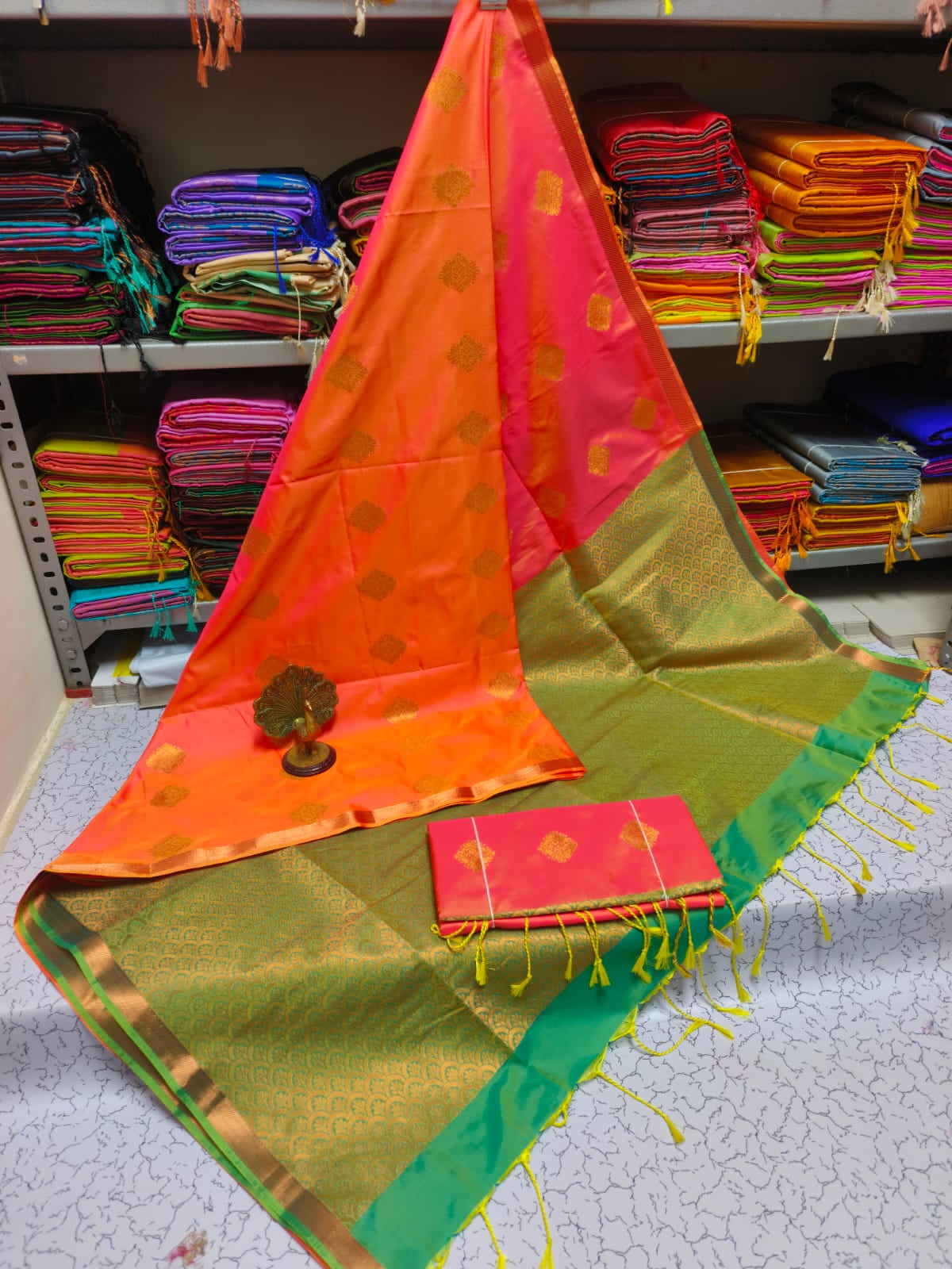 Kanjivaram Tissue Border Soft Silk Sarees (Orange, Pink, Green Color)