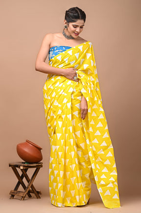 Hand Block Saree Yellow Tringal Design