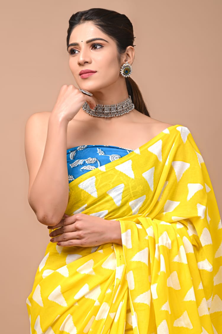 Hand Block Saree Yellow Tringal Design