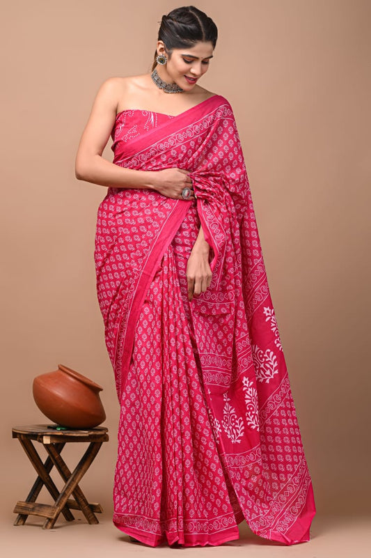 Hand Block Saree Pink Pallu Floral Design
