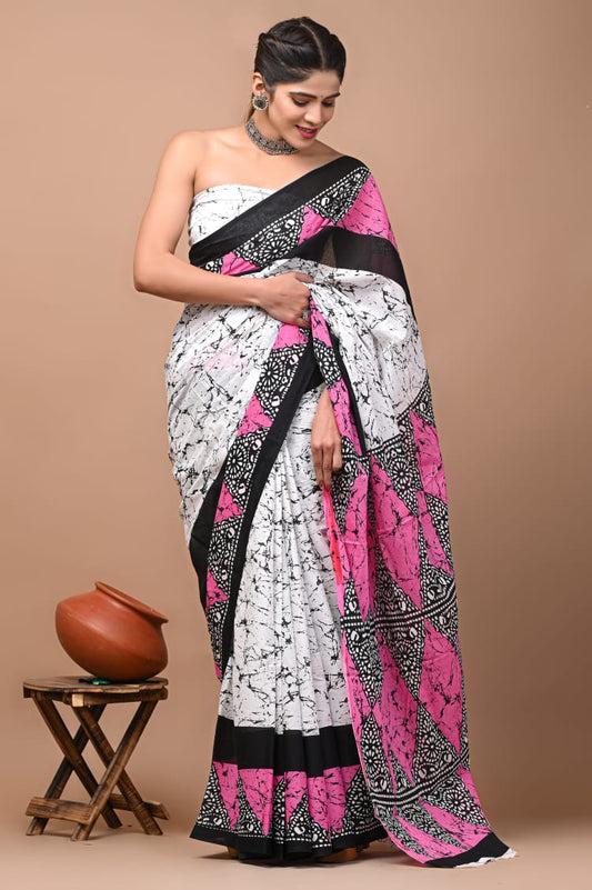 Hand Block Saree Pink , White and Black Combination