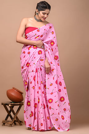 Hand Block Saree Pink with Floral Nature
