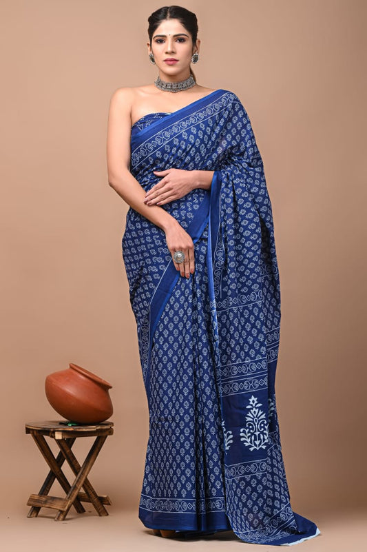Hand Block Saree blue with small tree