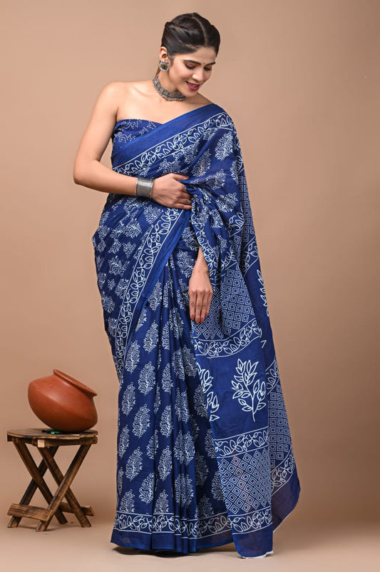 Hand Block Saree Blue Floral Design