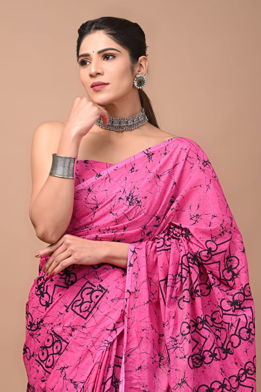 Hand Block Saree Pink Box Round Design