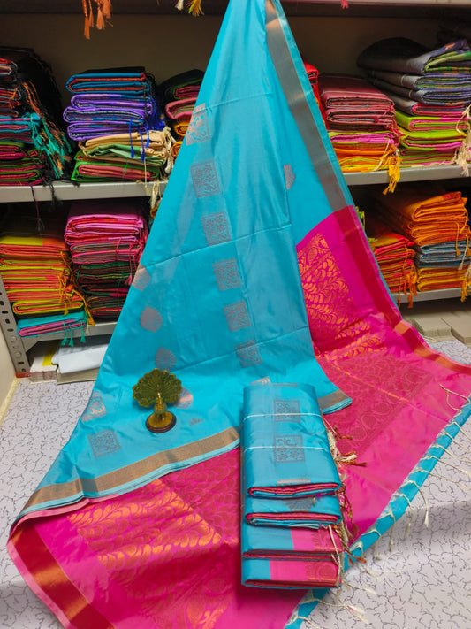 Kanjivaram Tissue Border Soft Silk Sarees (Sea Blue & Pink)