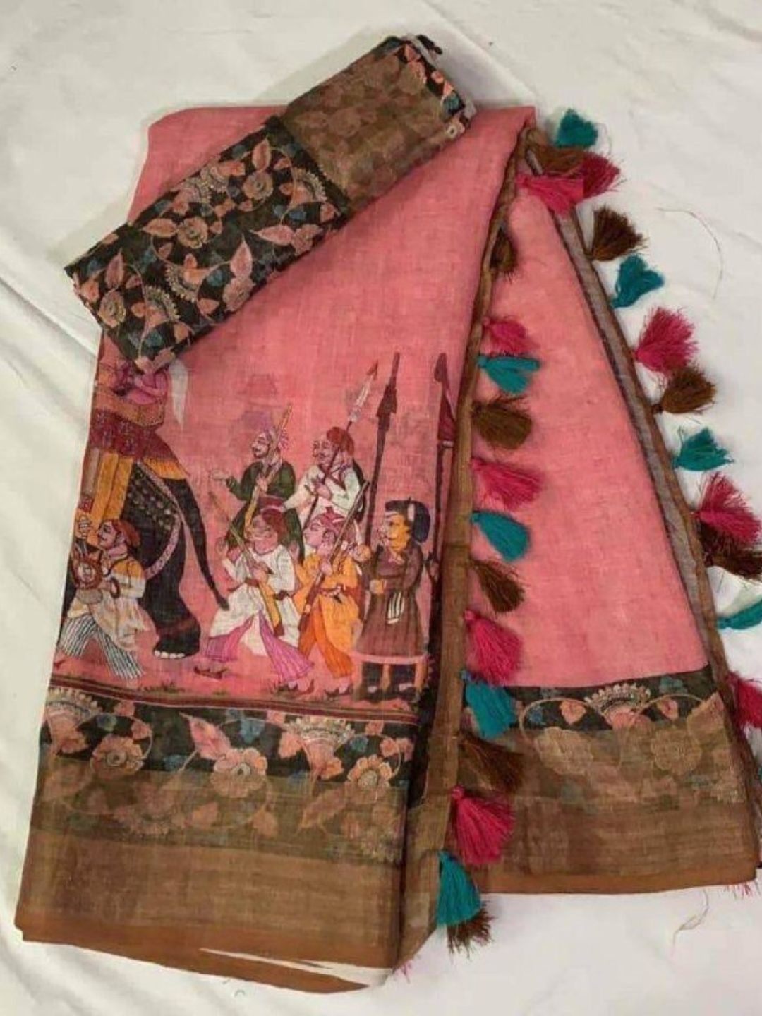 Pink unique printed pure linen cotton saree
